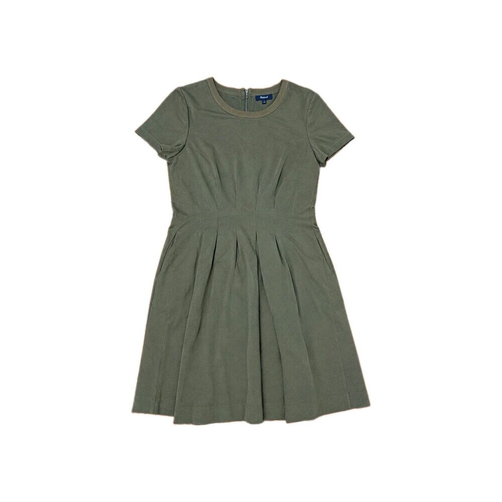 Madewell Women’s 12 Olive Green Pleated Fit & Flare Dress Short Sleeve Pockets